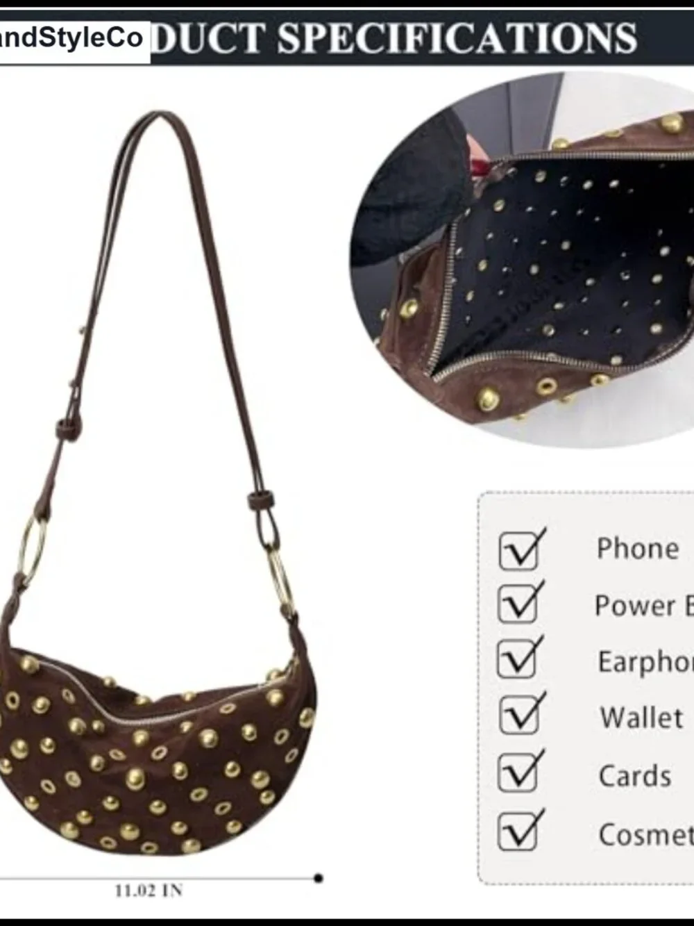 Studded Faux Suede Hobo Bag Adjustable Strap Shoulder Crossbody